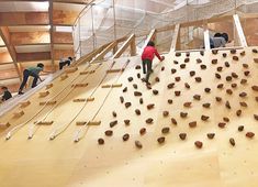 several people are climbing up and down the stairs in a wooden structure with wood planks