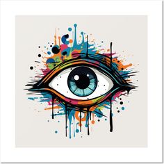 an eye with colorful paint splatters on it's face and eyes are drawn in