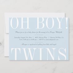 a blue and white baby shower card with the words oh boy twins on it's front