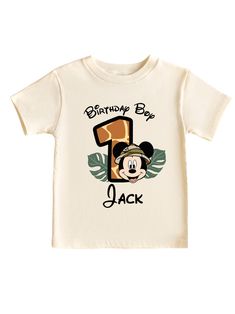 Toddler Boy's first Birthday White T-shirt with- The Personalized Mickey Safari desing. Makes a this day a gift or a fun birthday boy photo shoot! #wildone #babyboyfirst #wildonemickey #personalizedbabytshirt #mickeysafari #creamtshirt #mickeybirthday #birthdayboy #mickeysafariparty #animalkigdom Safari Birthday Party Mickey Mouse, Customizable Short Sleeve T-shirt For First Birthday, Cute First Birthday T-shirt With Character Print, First Birthday Custom Print Short Sleeve T-shirt, Cute First Birthday T-shirt With Custom Print, Cute Custom Print T-shirt For First Birthday, Customizable White T-shirt For First Birthday, Personalized Short Sleeve T-shirt For Birthday, Customizable Family Matching T-shirt For First Birthday