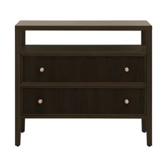 a brown dresser with two drawers and gold knobs on the bottom drawer, against a white background