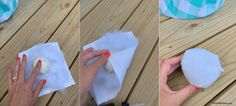 three pictures showing how to make an origami hat out of toilet paper and fabric