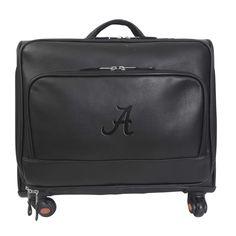 a black luggage bag with the word auburn on it's front and side wheels