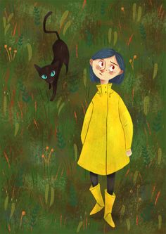 a painting of a girl and a cat standing in the grass with green plants behind her