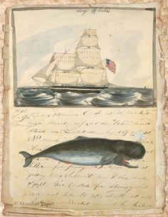 an old book with a whale and ship in the water next to it on top of a piece of paper