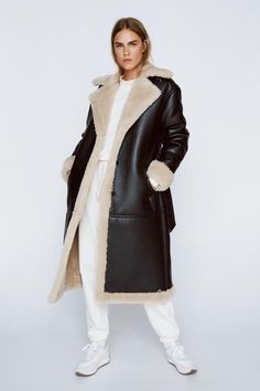 Premium Faux Leather Belted Borg Lined Coat | Nasty Gal Leather Fur Coat, Leather Duster, Leather Coat With Fur, Fur Trench Coat, La Outfits, Womens Faux Fur Coat, Fall Attire, Faux Leather Coat