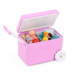 a pink toy cooler filled with food and drinks