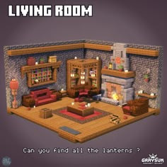 the living room is shown in this minecraft video game, which features a fireplace and couch