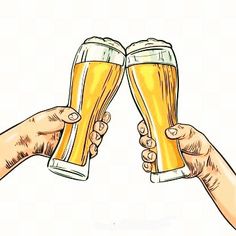 two people holding up beer glasses with their hands on top of each other, toasting