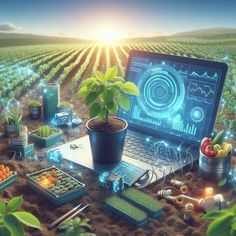 a laptop computer sitting on top of a field filled with plants and other items in front of it