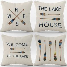 three pillows with canoes on them and the words welcome to the lake