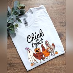 Super Cute Tee. On Gildan Adult Unisex 50/50 White Tee Shirt. Made With Sublimation. Ships Within 3 Business Days. Funny White Shirt For Fall, Halloween Farm, Farm Chickens, Sublimation Shirts, White Tee Shirt, Sublimation Shirt, Chicken Shirts, White Tee Shirts, Sublime Shirt