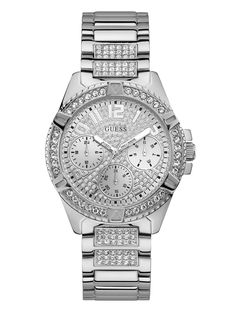 A silver-tone multifunction watch that will add elegance to your everyday look. Complete with rhinestone embellishments and a logo detail. Day, date and international time dials. Sports Watches Women, Guess Women, Guess Watch, Crystal Watches, Analog Watch, Women's Watch, Watches Jewelry, Steel Bracelet, Dream Team