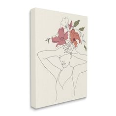 a woman with flowers on her head in front of a white canvas wall art print