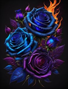 three blue roses with red and purple leaves on a black background, in the center is an orange flame