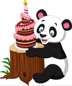 a panda bear sitting next to a cake with a lit candle on top of it