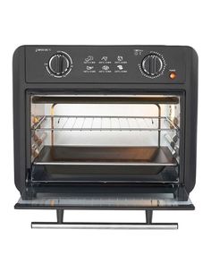 a black toaster oven with the door open