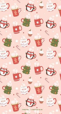 a pink background with christmas mugs and snowflakes