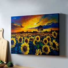 a painting of sunflowers in a field at sunset