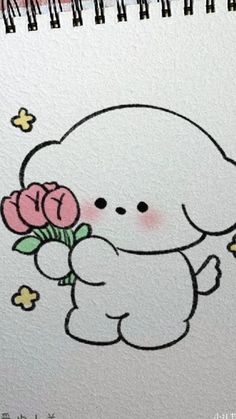 a drawing of a white dog holding a flower