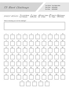 The 75 Hard Challenge is a mental and physical wellness program that involves completing daily tasks such as exercising twice a day, following a strict diet, drinking a gallon of water, reading 10 pages of a non-fiction book, and abstaining from alcohol and cheat meals for 75 consecutive days. Our 75 Hard Challenge Worksheet PDF Template will help you organize your 75 Hard Challenge and showcase the progress you make using a fillable PDF template. The purpose of this worksheet is to improve in all areas of your life, including physically, spiritually, and mentally. Our 75 Hard Challenge Worksheet PDF Template (Editable, Fillable, Printable) is perfect for individuals who want to improve in every area of their life.  This 75 Hard Challenge Worksheet can be downloaded and filled out on a dig 75 Hard Challenge Tracker Free Printable, Existential Therapy, Couples Therapy Worksheets, Anger Management Worksheets, Self Esteem Worksheets, Behavior Therapy, Best Workout Plan