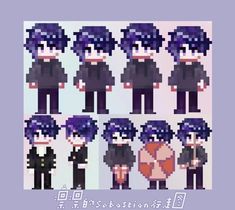 pixel art with different types of people in black and purple outfits, one is holding an orange