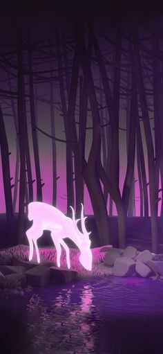 a deer is standing in the water near some rocks and trees at night with purple light