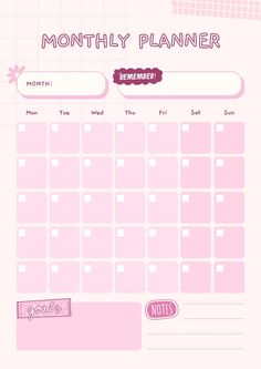 a pink planner with the words, month and date on it