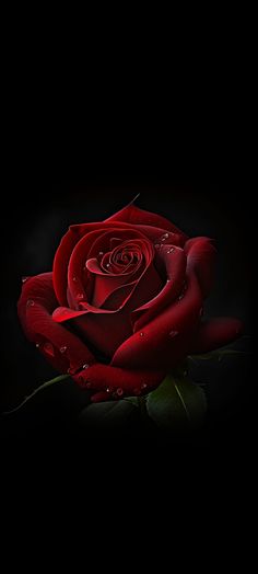 a red rose with water droplets on it's petals in the dark, against a black background