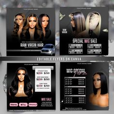 three flyers for hair salons with different styles and colors