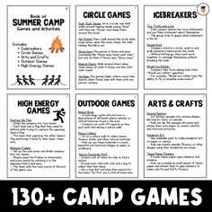 Includes 138 summer camp games and activities ideas for kids great summer camp resource for camp counselors  -------------- includes: - circle games - icebreakers - arts and crafts - outdoor games - high-energy games  42 pages total ---------------- print, 3 hole pages, insert into bunder or duotang ---------------- this is a digital download 📥 no physical product will be shipped to you 🚫📬  no refunds on products that have already been downloaded or emailed 🚫📩 Camp Counselor Activities, Games For Summer Camp, Camping Games For Family, Camp Activities For Teens, Camp Games For Teens, Summer Camp Games For Kids, Kids Camp Games, Camp Games For Kids, Camping Activities For Adults