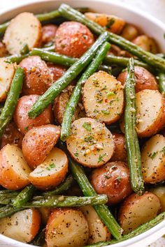 potatoes and green beans in a white bowl