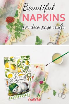 two photos with the words beautiful napkins for decoupage crafts on them and some scissors