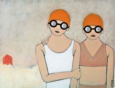 two women with orange hair and goggles standing next to each other