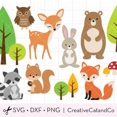 woodland animals clipart set with trees and mushrooms