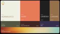 the color scheme for morning fog is shown in different colors and font styles, including black, white, red, green, blue, yellow