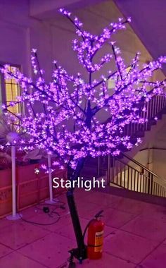 a purple lighted tree in the middle of a room