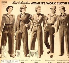 1940s Pants History- Trousers, Overalls, Jeans, Sailor, Siren Suits Canvas Shoes Diy, 1940s Women, Fashion 1940s, Sears Catalog, Lindy Hop, Rosie The Riveter, 40s Fashion, Working Class, 1940s Fashion