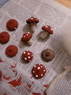 there are many cookies and mushrooms on the newspaper