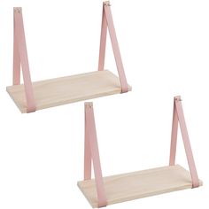 two wooden shelves with pink handles on each shelf