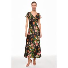 Black Floral (100% Silk Charmeuse). Cocktail Dress. V-Neck. Cap Sleeve. Back zipper closure. Shoulder to hemline length: 57.5". Imported. Silk V-neck Lined Dresses, Lined Silk V-neck Dress, Black Silk V-neck Maxi Dress, Rent The Runway, Silk Charmeuse, Cap Sleeve, Black Floral, Cap Sleeves, Slip Dress