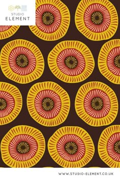 an orange and yellow pattern with red circles on brown background, in the center is a circular