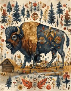 a painting of a buffalo standing in the middle of a field with trees and flowers