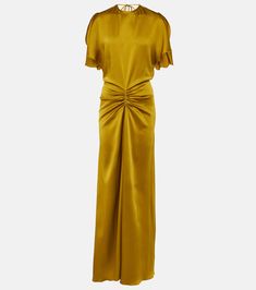 Gathered satin gown in gold - Victoria Beckham | Mytheresa Grey Satin Dress, Yellow Satin Dress, Gold Satin Dress, Victoria Beckham Outfits, Gown Gold, Mob Dress, Harvest Gold, Mob Dresses, Victoria Dress