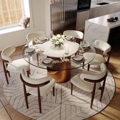 a glass table with white chairs around it in a modern style kitchen and dining room