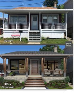 before and after pictures of a house with porches, stairs, and front porch