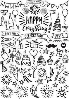 happy new year celebration doodles and icons set in black color on white background