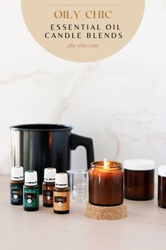 essential oils for oily hair and skin are on the counter next to an empty candle