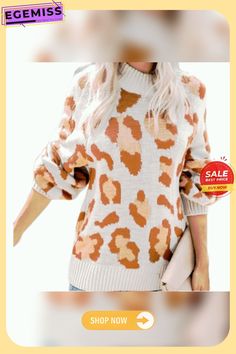 Women's Leopard Sweater Personalized Pullover Christmas Suit, Ugly Xmas Sweater, Leopard Sweater, Leopard Print Sweater, Xmas Sweater, Print Sweater, Printed Sweater, Lantern Sleeves, Color Khaki