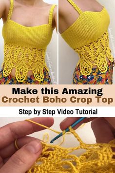 the crochet boho crop top is being worked on by someone using yarn